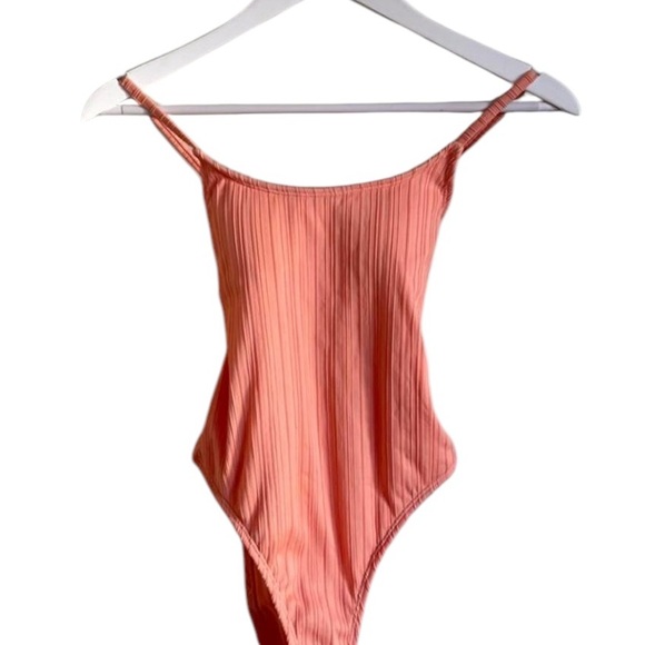 NWOT Xhilaration Tangerine Orange Peach Ribbed Backless One-Piece Swimsuit - S - Picture 2 of 16